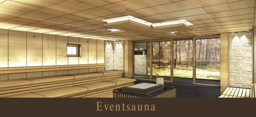 Holzverkleidete Sauna mit Fenstern und Blick auf den Wald, modernes Design