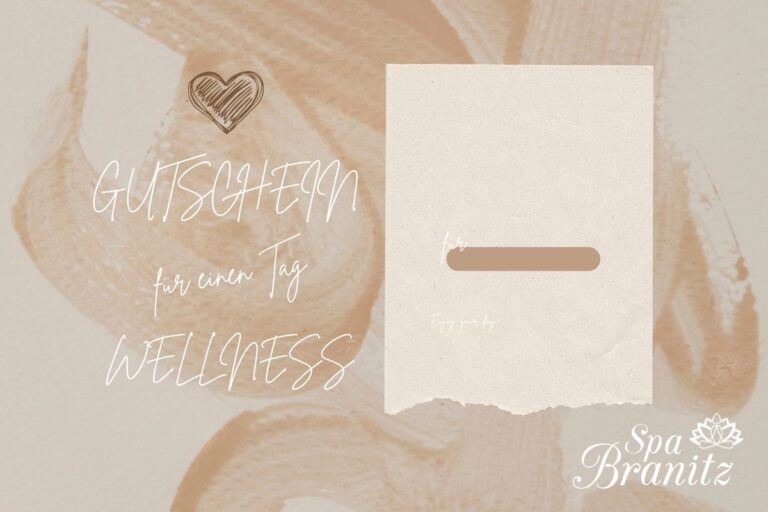 Wellness Gutschein mit beigem Hintergrund, Herzsymbol und elegantem Schriftzug
