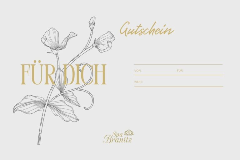 Gutschein mit zart gezeichneter Blume und goldener Aufschrift für dich auf hellem Hintergrund