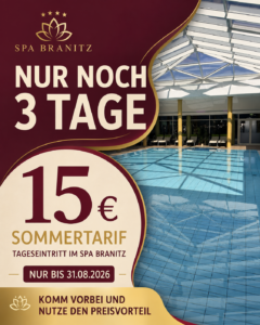 Werbung fuer Spa Branitz mit Hallenbad und Sommertarif von 15 Euro
