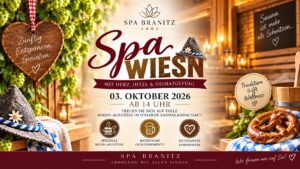Werbung fuer Spa Wiesn im Spa Branitz am 3 Oktober 2026 mit Brezel und Hopfen