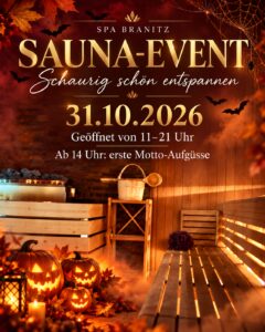 Halloween Sauna-Event Werbung mit leuchtenden Kuerbissen in warmem Orange